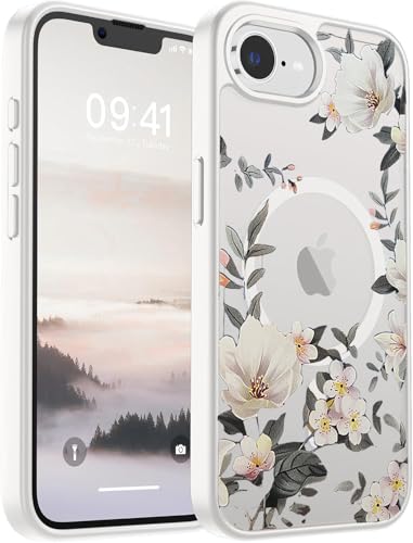 Image of VONZEE Compatible with iPhone 17e / iPhone 16e /SE4 Case, Luxury Retro Flowers Floral Clear for Magnetic Wireless Charging Case PC+TPU Cute Glossy Shiny Cover for Girls Women, White