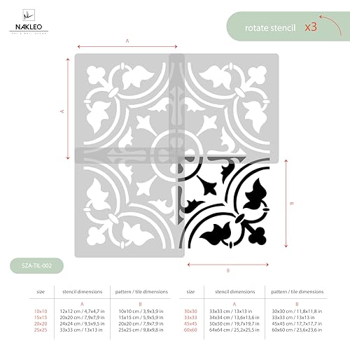 NAKLEO Fliesen Schablone zum Malen 25x25 cm, Gozo Spanische Maurische Blume Marokkanisch, Kunststoff Wiederverwendbare Bodenschablone DIY, Holz Möbel Wand Dekoration - Terrakotta