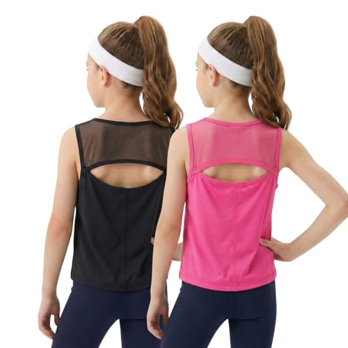 Image of WELAKEN Girls' Athletic Tank Top - Mesh Open Back Sleeveless Sports Shirt for Active Kids,Black,4T