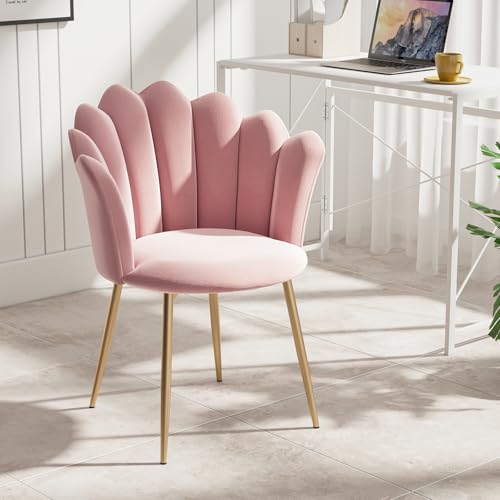 Luxstein Silla de tocador, sillón de Terciopelo con Patas metálicas Doradas, tapizado para salón, cómodo Lounge, sillón con reposabrazos de diseño Moderno, 62 x 56 x 79 cm, Rosa.