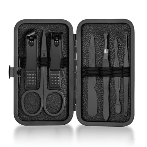 Juego de cortaúñas de acero inoxidable para manicura, tijeras de uñas, kit de pedicura, cortaúñas, herramienta de cuidado con kit de estuche de viaje, 18 piezas negras (7 piezas negras)