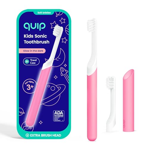Quip Sonic Toothbrush for Kids with Timer - Includes Extra Brush Head and Travel Cover Mount - Electric Soft Bristle Refill Head Plastic Handle 3 Month Battery Life Glow in the Dark Pink