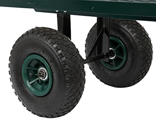 Heavy-Duty Garden Wagon Cart with Wood Panel Frame and Iron Mesh Base, Four Wheel Garden Utility Trolley for Lawn Yard Farm, Rust-Resistant Green Coating, Pull Handle Rolling Hauling Carrier
