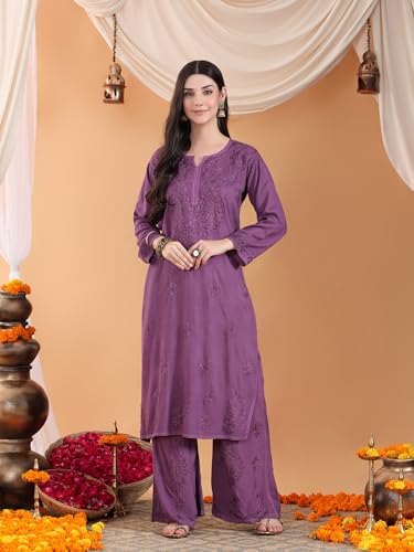 Image of POSHAK CHIKAN STUDIO Women's Hand Embroidered Lucknowi Chikankari Rayon Co-ord Set
