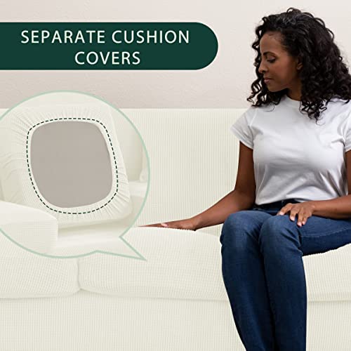 Chun Yi 3 Pieces Stretch Loveseat Sofa Cover For 2 Seater Couch, Washable Soft Sofa Slipcover With 2 Separate Seat Cushion Covers For Dogs, Checks Spandex Jacquard Fabric, Medium, Ivory White #TOP4