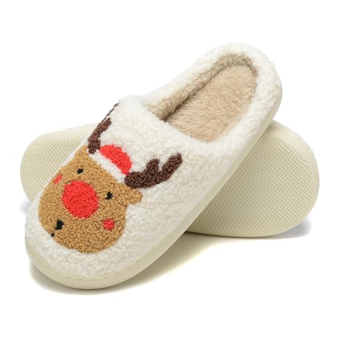 Women Reindeer Christmas Xmas Slippers Men Elk Moose Cute Cartoon Non-Slip Memory Foam Warm House Slippers