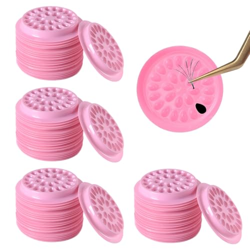 80 Pcs False Lash Glue Holder,Trays for Lash Extensions, Disposable Plastic Transparent Extension Glue Stand Pads,Eyelash Glue Holder Eyelash Extension Holder Pallet Pads(Pink)