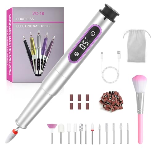 Fresa para uñas profesional 12 en 1 inalámbrica 25000 rpm, fresa eléctrica con pantalla LCD, kit de manicura y pedicura portátil para eliminación de gel semipermanente morado, taladro eléctrico