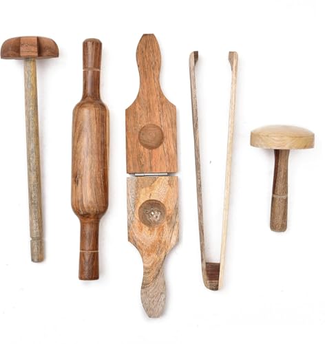 Image of Wooden Kitchen Tool Set for Cooking, Including Belan, Mathni, Dutta, Chimta, Lemon Press, Eco-Friendly Kitchenware Utensils, Durable & Easy to Clean