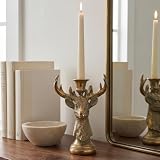 Ganwu Antique Gold Deer Head Candlestick Holder, Resin Stag Antler Taper Candle Holder, 7.4 Inch Tall Rustic Farmhouse Candle Stand, Fireplace Mantle Home Decor, Christmas Wedding Table Centerpiece