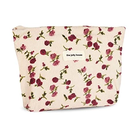 Fycyko Canvas Cosmetic Bag Rose Flower Printing Corduroy Toiletry Bag Handbag Small Pouch Purse Zipper Pencil Case Toiletry Organizer Storage Beauty Makeup Travel Accessory for Women Girls Gift-Beige Cover