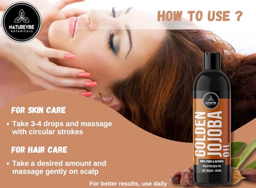 Image of Naturevibe Botanicals Golden Jojoba Oil 200ml | Pure Jojoba Oil for Face, Hair & Body Massage with Vitamin E | Natural & Unrefined For Men & Women