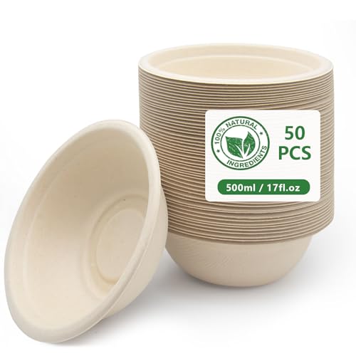 RZMZBY 500ml Ciotole di Carta Usa e Getta | BIODEGRADABILI E COMPOSTABILI | Ciotole Usa e Getta per Feste/Picnic/Uso Quotidiano (50, 500ml)