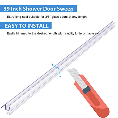 Butecare Premium Frameless Shower Door Bottom Seal Strip - Glass Door Side Seal Sweep (3/8” X 39”, Clear Vinyl) #TOP3