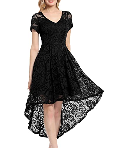 Muadress 6066 Women's Vintage Cocktail Dress Floral Lace V Neck Hi-Lo Party Dress Black Large #TOP7