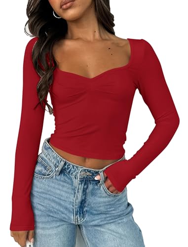 Image of Women Sweetheart Neckline Basic Fitted Tops Long Sleeve Going Out Crop Tops Ruched T Shirts