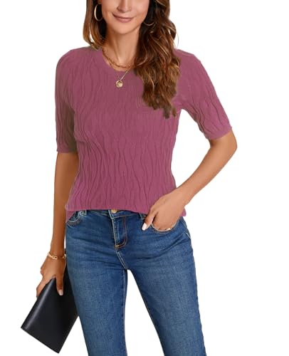 Image of MINTLIMIT Womens Short Sleeve Sweater Summer Pullover Shirt Tops Texture V Neck Casual Knit Tees Tops