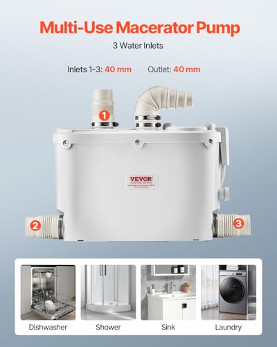 Image of VEVOR Macerator Pump, 500W, 29 GPM Flow, 26 ft /8 m Head, Macerator Sewerage Toilet Pump with 4 Water Inlets, Waste Water Disposal Upflush Machine for Kitchen, Basement, Shower, Sink, Laundry, Bathtub