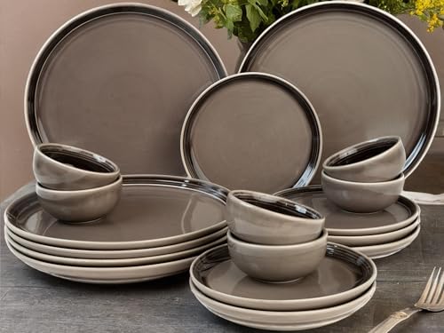 Image of Bodhi House Handcrafted Chip Resistance Porcelain Dinner Set, 18 Pieces Dish Set Serving for 6, Microwave and Dishwasher Safe, Bone-ash Free, Crockery Set for Dining and Gifting, Smoke Grey