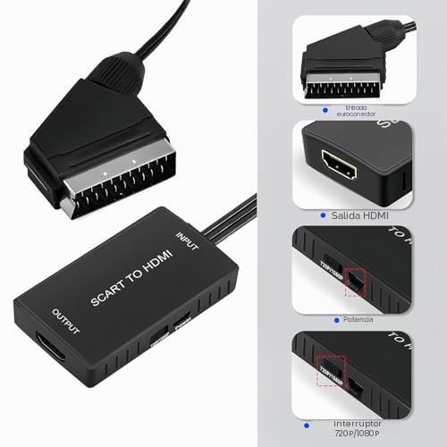 Convertidor De Euroconector (SCART) A HDMI – Con Interruptor 720p/1080p, Compatible Con PS2, PS3, Wii, DVD Y VHS, Incluye Cable HDMI Y USB