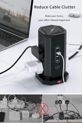 Tower Extension Lead 5M, NVEESHOX Vertical Power Strip Tower with 9 Way Surge Protector Multi Plug Extension and 1 USB-C Charging Port +4 USB for Laptop Phone Tablets - Image 4