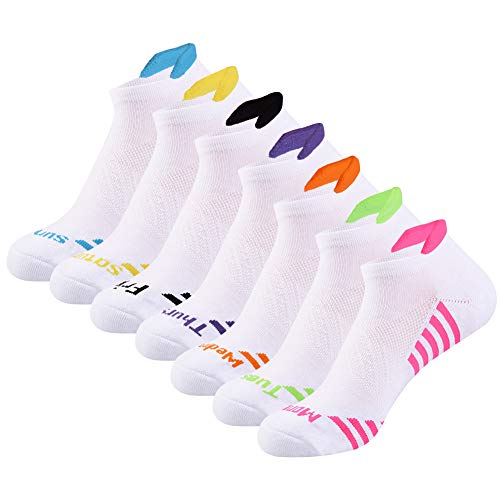 JOYNÉE Womens-Ankle-Athletic-Socks Low Cut Sports Running Socks 7 Pairs Days of the Week Socks,Sock Size 9-11,White