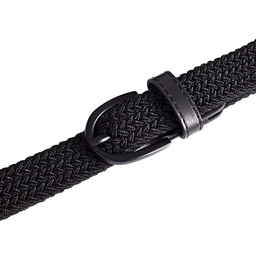 Young Boys Girls | Braided Stretch Elastic Belt | Pin Prong Buckle | Loop End Tip | 1" Width (Black, Waist 16"-18”) #TOP5