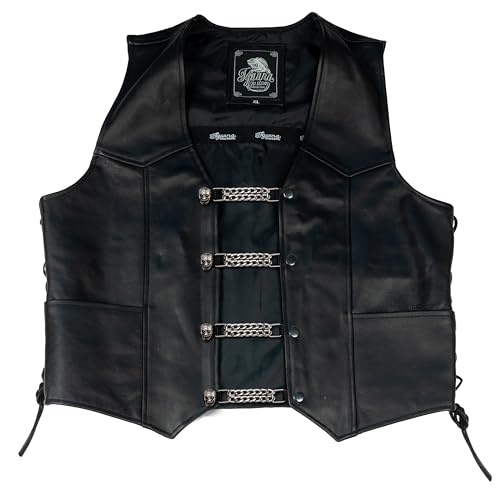 Iguana Custom - Custom Leder Biker Weste Extender mit Doppelkette und dekorative verchromte Metall Figur und mexikanischen Schädel Toggle Buttons