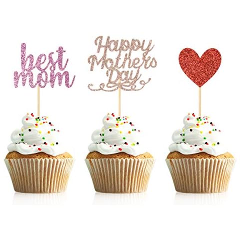 Donoter 48 Pieces Glitter Happy Mothers Day Cupcake Toppers Best Mom Heart Cupcake Picks for Mother's Day Party Cake Decorations Cover