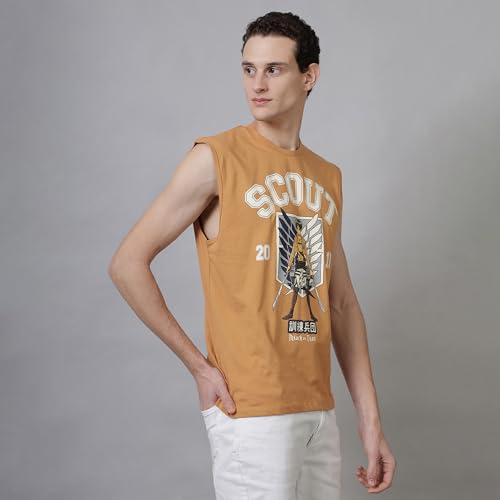 Image of Free Authority Official Attack On Titans:Scout Anime Graphic Print Pure Cotton Brown Regular Fit Sleeveless Tank Tshirt for Men