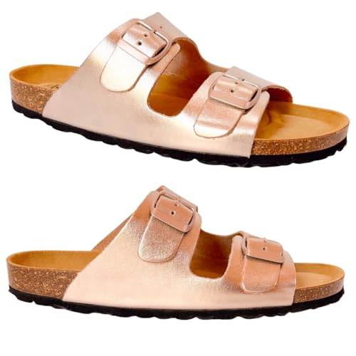 GONKOS®, Sandalias Piel Autentica Corcho Natural, Hebillas ajustables al Pie, Sandalias piel Hombre Sandalia Piel Mujer de Calidad Hechas en España, Rosa Metalico Talla 39