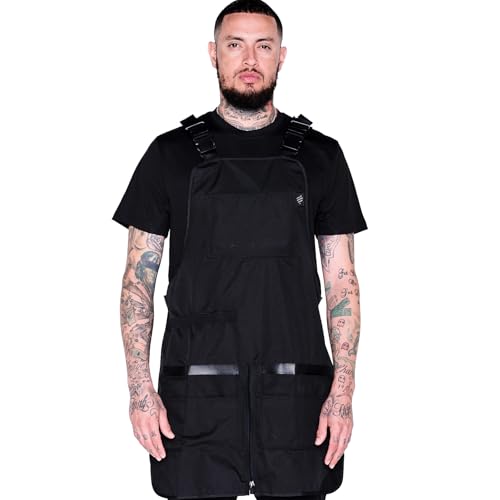 Barber Strong The Barber Apron, Black, Hair Repellent, Ultra Lightweight with Adjustable Padded Harness, Zippered Split Leg, Easy Hair Removal from Pocket, Regular Fit