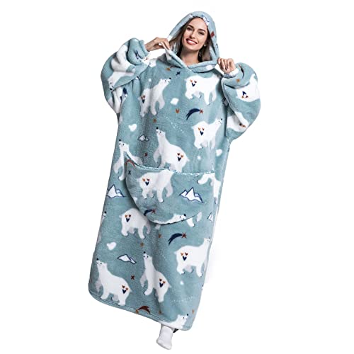 Couverture à capuche extra longue pour femme, homme adulte, en polaire surdimensionnée pour se blottir, ours polaire, Taille Unique Cover