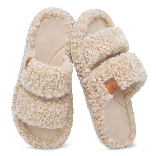 EverFoams Womens Fuzzy Open-toe Slippers Soft Comfy Memory Foam Indoor House Shoes Vintage Khaki, 9-10 US