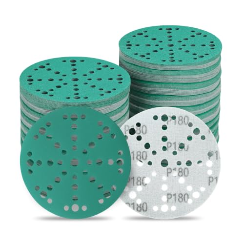 Image of TUGUDET 6 Inch 49 Hole Wet Dry P180 Grit Sanding Discs - 50 Pack Box | Fits Festool ETS / RO 150 Sanders, Zirconia Heavy-Duty Hook & Loop Film Sandpaper for Wood, Auto, Metal, Paint, Body & More