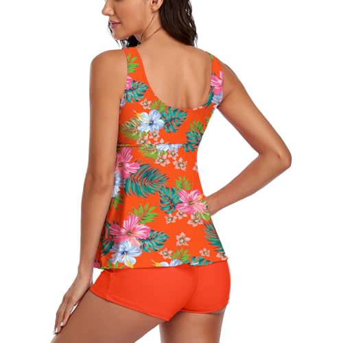 Image of Modest Tankini Swimsuits for Women Two Piece Bathing Suits Floral Print Tank Top with Boyshorts Tummy Control Swimming Suits