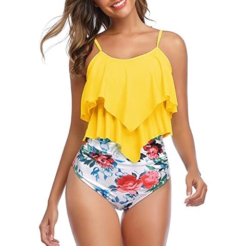 American Trends Womens Tankini Swimsuits High Waisted Two Piece Bathing Suits Tummy Control Ruffled Tankini Top with Bottom Yellow Red Flower 12-14 Cover