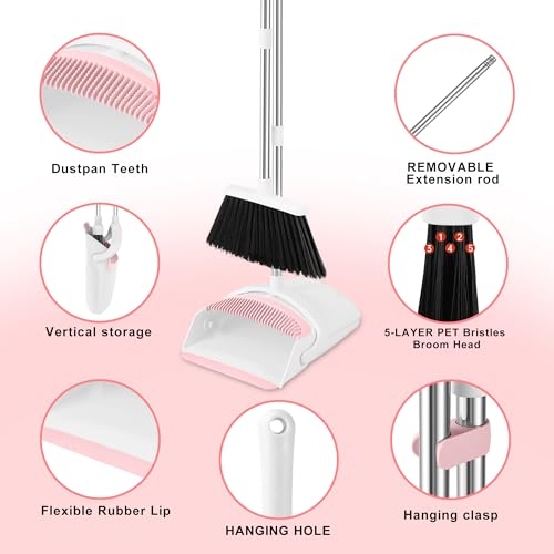 Image of Broom with Dustpan Combo Set for Home, 52-in Long Adjustable Handle Angle Broom and Dustpan Set with Dustpan Comb Teeth for Sweeping Pet Hair Food Dirt Kitchen (White-Pink)