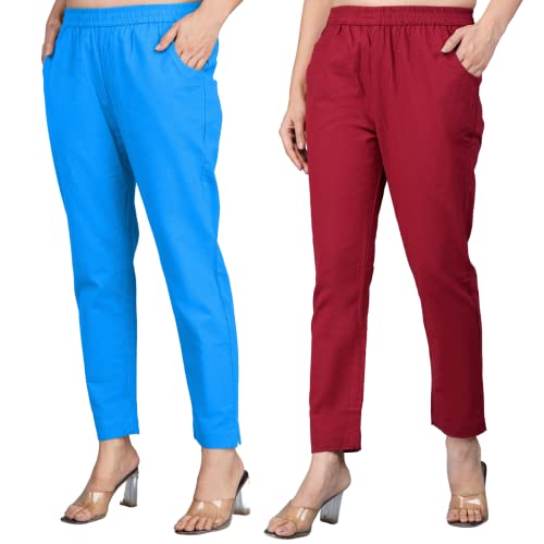 Image of Regular Fit Fully Elastic Waist Ankle Length Premium Cotton Casual Trouser Pant (Combo Pack of 2)