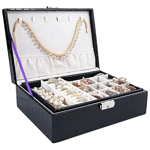 Hivory Jewelry Box For Women ~ Jewelry Organizer Box For Girls ~ Jewlery Box For Rings, Earrings, Bracelets, Studs & Necklace ~ Double Layer Stackable Jewelry Organizer trays (Black) Cover