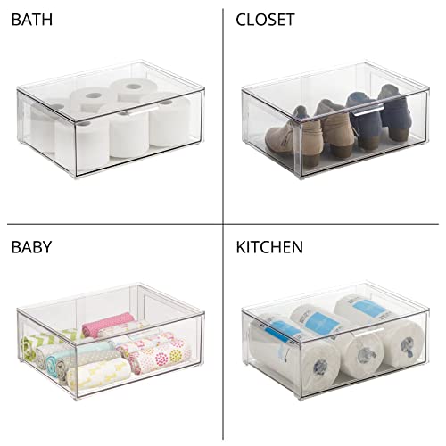 mDesign Plastic Stackable Bathroom Storage Organizer Bin Containers with Front Pull Drawer for Bathroom Countertop, Vanity, Closet Shelves - Holder for Accessories - Lumiere Collection, 2 Pack, Clear by mDesign - Image 8