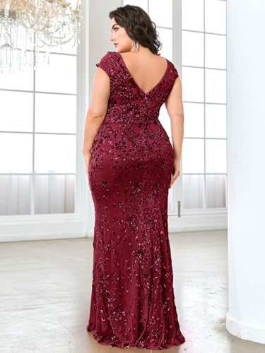 Image of Plus Size Womens Sequined Long Evening Gown Glamous Sleeveless V-Neck Mermaid Prom Dress for Wedding Party