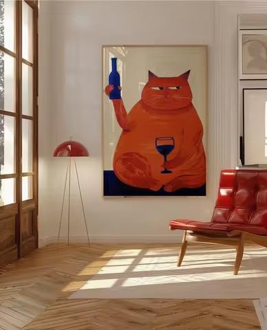 DIHANSM Barwagen-Deko, Katzenposter, Weindruck, Retro-Küchendeko, Mid-Century-Modern-Deko, Trendige Wandkunst, Cheers-Druck (75x110cm/Galerie-Rahmen)