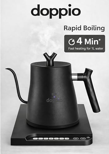 Image of DOPPIO Precision Gooseneck Electric Kettle with Temperature Control Base - 1L Rapid Boil Pour Over Coffee & Tea Maker, 304 Stainless Steel, Matte Black