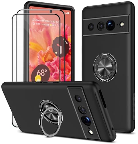 Dechyi hülle für Google Pixel 7 Pro (6.7") und 2 Stück Displayschutzfolie Handyhülle mit Ringhalterung stoßfest, Kratzfest strapazierfähig Schutzhülle Schwarz