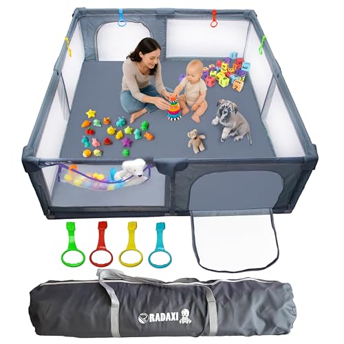 Image of Baby Playpen 79x71 Inch Extra Large Playpen for Babies and Toddlers Baby Playard with Zipper Gates Safety Fence Play Pen Play Yard with Soft Breathable Mesh Indoor & Outdoor Kids Activity Dark Gray