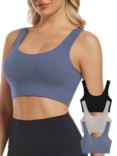 Image of Chilylori Seamless Sports Bras for Women Pack of 3 Ribbed Sports Bra Workout Tops Cropped Tank Top Comfort Padded Yoga