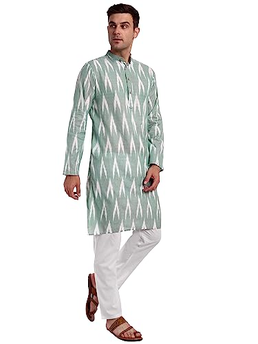 Image of SKAVIJ Men's Pure Cotton Printed Kurta Pajama Set Ikat Design Casual Ethnic Dress