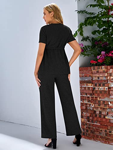 Oyoangle Women's Maternity 2 Piece Outfits Split Hem Belted Tee Shirt And Adjustable Waist Pants Set Black S #TOP1