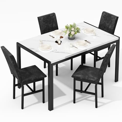 AWQM Products 5-Piece Marble Dining Set, Modern Kitchen Table and Chairs for Dining Room, Dinette, Compact Space Saving Furniture, 4 Upholstered Velvet Chairs - White